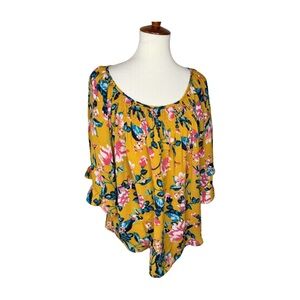 Living Doll Los Angeles Yellow Floral Peasant Blouse Plush Size 1X